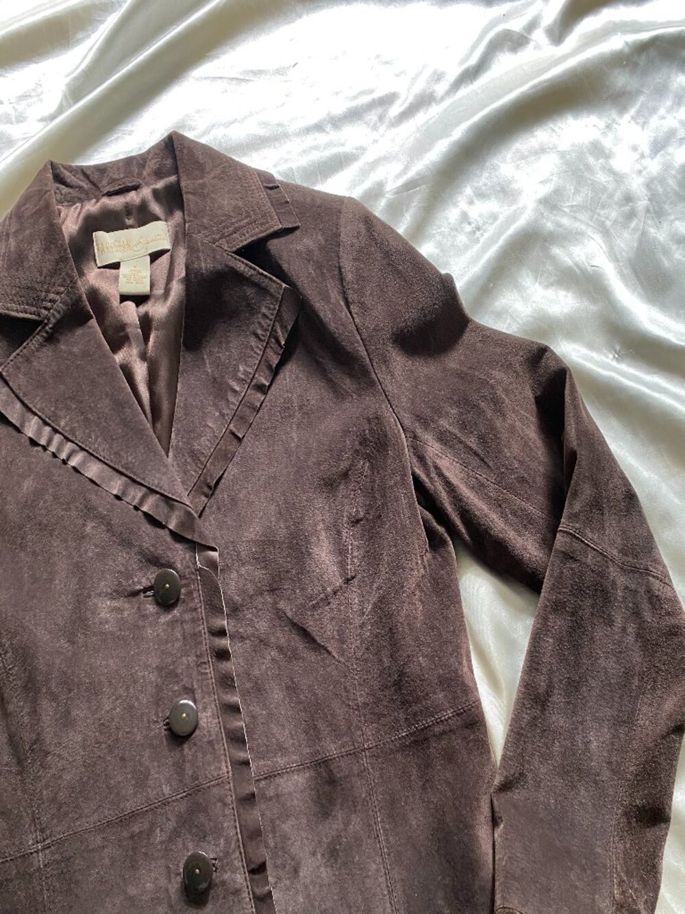 Vintage 1990s Parisian Chocolate Brown Suede Ruffle Blazer Small Boho Chic - Picture 2 of 8